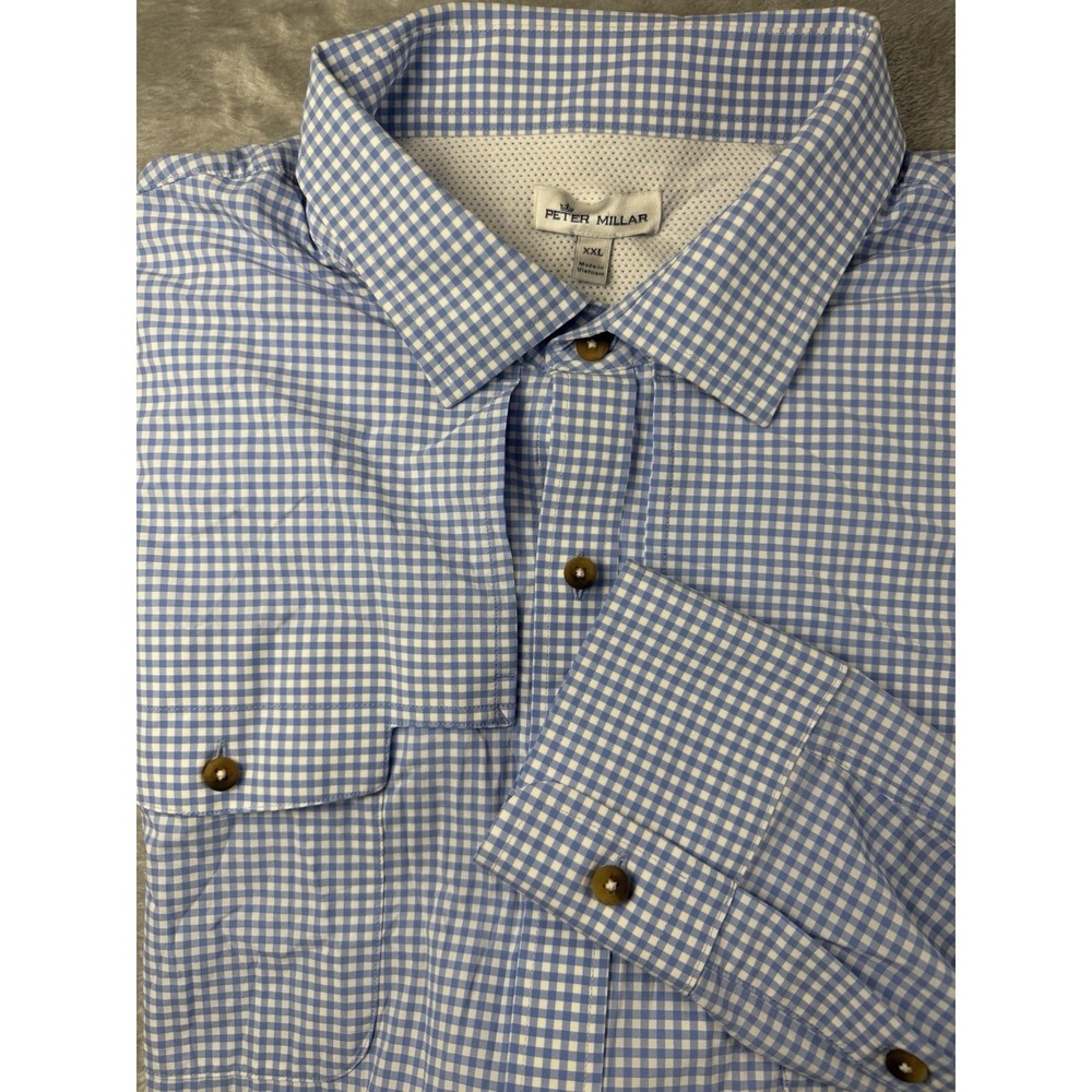 Peter Millar Fishing Guide Shirt Mens 2XL Blue Gingham Vented Mesh Performance